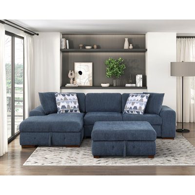 Blue 3-Piece Sectional with Left Chaise Storage Ottoman Pull out Bed Tufted Chenille Fabric Solid Wood Living Room Furniture