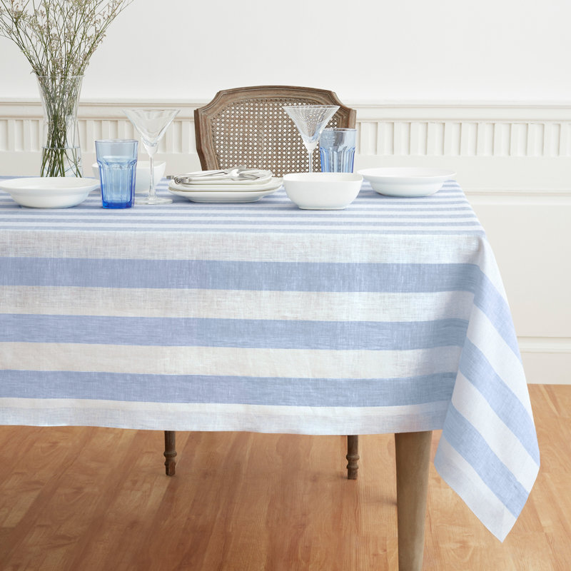 Cabana Stripe - 100% Pure Linen Tablecloth, 108" x 60", Sky Blue/White