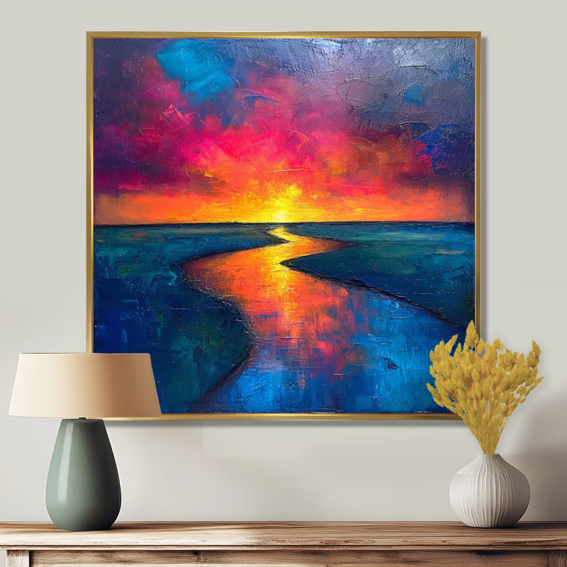 Coucher de soleil jaune sur la rivière bleue, Toile avec cadre flottant or, H 30 po x l 30 po x P 1 po