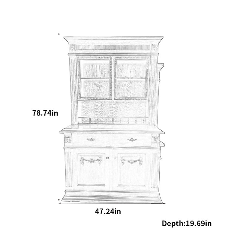French-style vintage storage display cabinet, 78.74" H x 47.24" W x 19.69" D, Brown