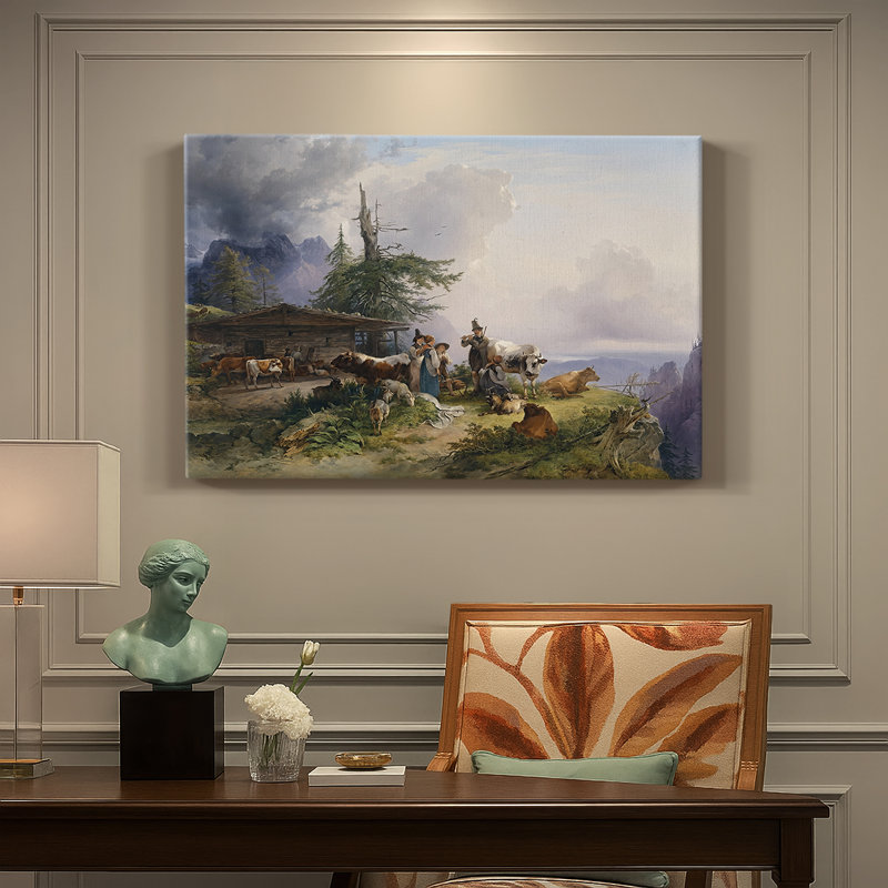 Paysage alpin avec un berger et un bouvillon-Art sur toile tendue avec châssis-Gauermann-c. Milieu du 19e siècle, 8 x 12