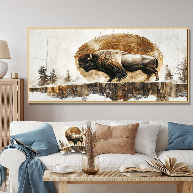Buffle américain dans les Prairies - art mural de bison pour le salon, H 28 po x l 60 po, Cadre flottant, Argent argent