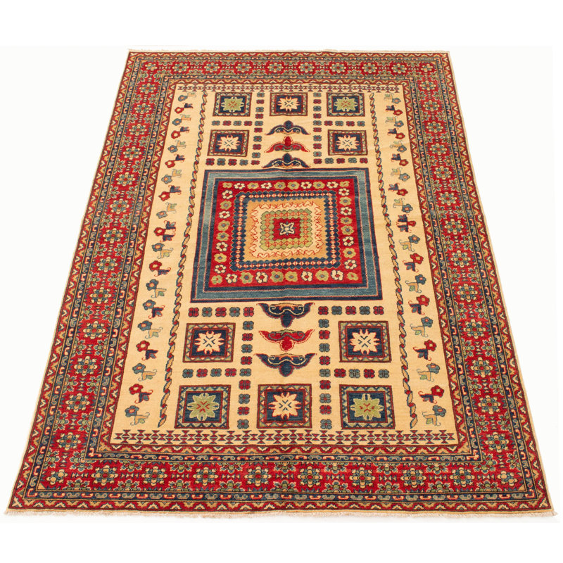Tapis rouge en laine noué à la main de conception unique 6 pi 6 po x 9 pi 7 po Hazelett
