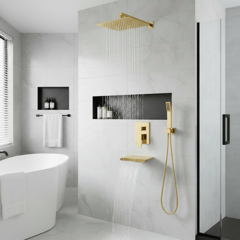 Modern Shower Faucets & Systems, Brushed Gold Metal Set With Waterfall Tub Spout