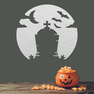Art mural en métal Spooky Tombstone - Halloween Horror Wall Art - Sculpture hantée de conception de silhouette de cèdre - Suspension murale saisonnière effrayante - Art industriel moderne en métal - Décoration de maison Spooky - Pièce d'art audacie