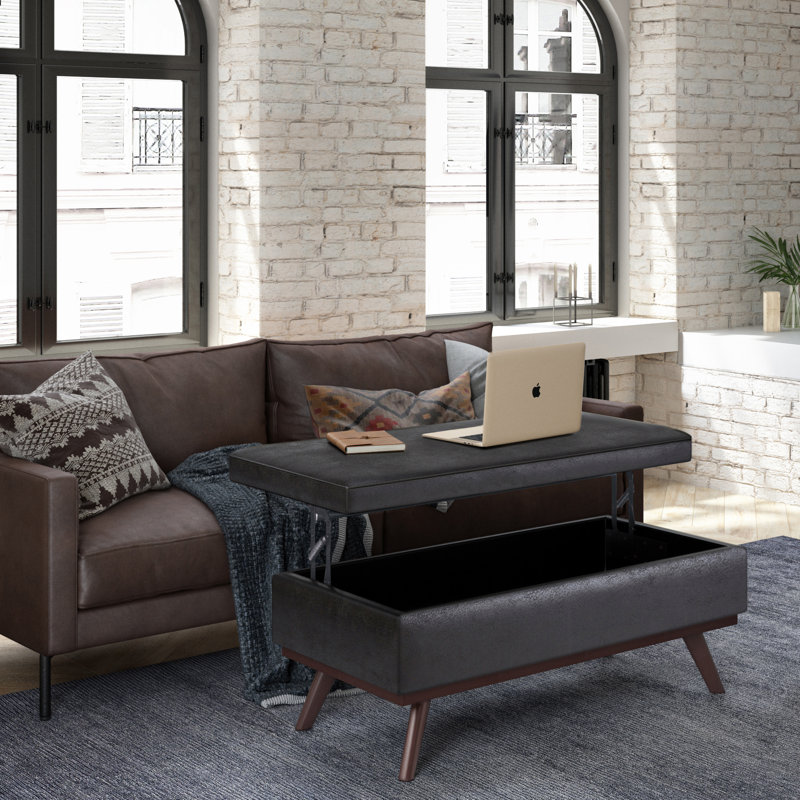 Repose-pieds capitonné rectangulaire en cuir végétalien Mid-Century avec mousse à haute densité Owen, Noir patiné