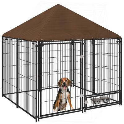 Chenil d'extérieur, enclos pour chiot 4,6 pi x 4,6 pi x 5 pi avec auvent, cage de clôture pour parc de jardin, bol tournant, noir
