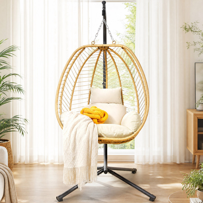 Yellow PE Rattan Hanging Egg Chair with Stand and Cushions