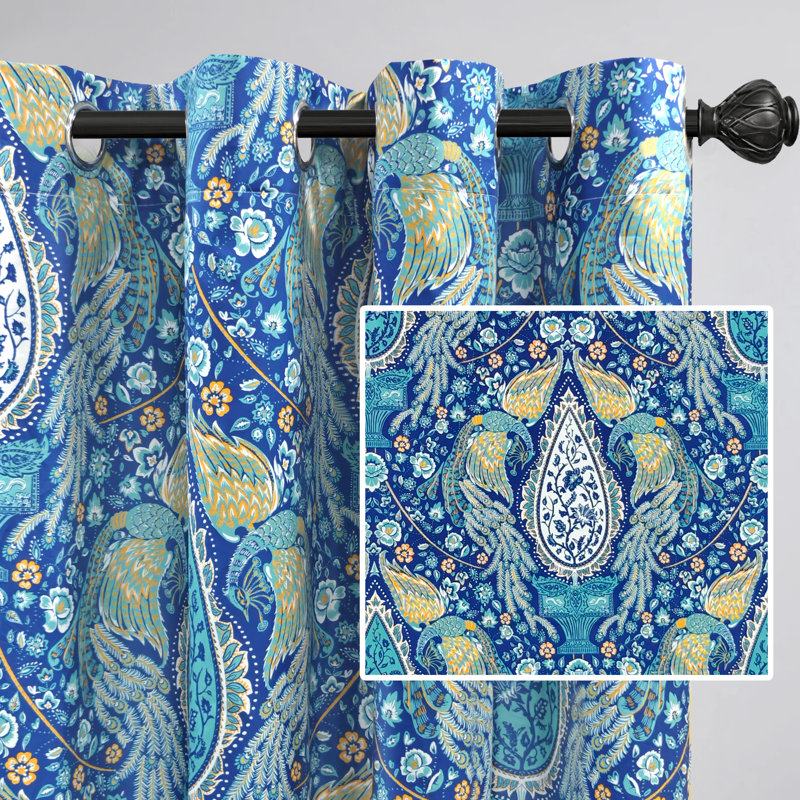 Rideaux sarcelle floraux pour chambre à coucher 80% occultant et isolant thermiquement doublé double couche rétro motif de paon obscurcissant les rideaux pour les œillets de salon 2 panneaux