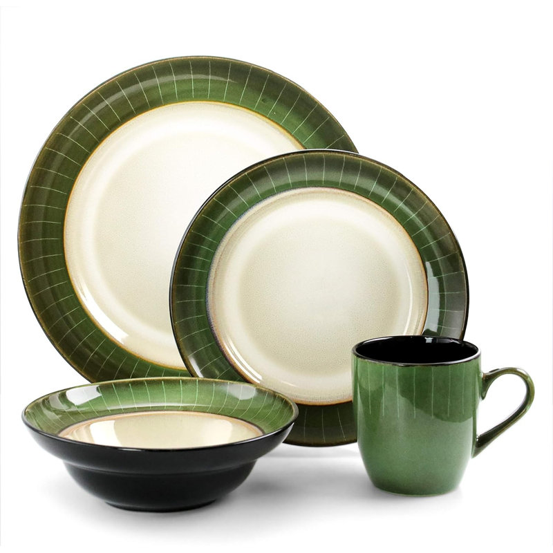 Elama Grand Jade 16 Piece Luxurious Stoneware Dinnerware With Complete Setting For 4, 16Pc