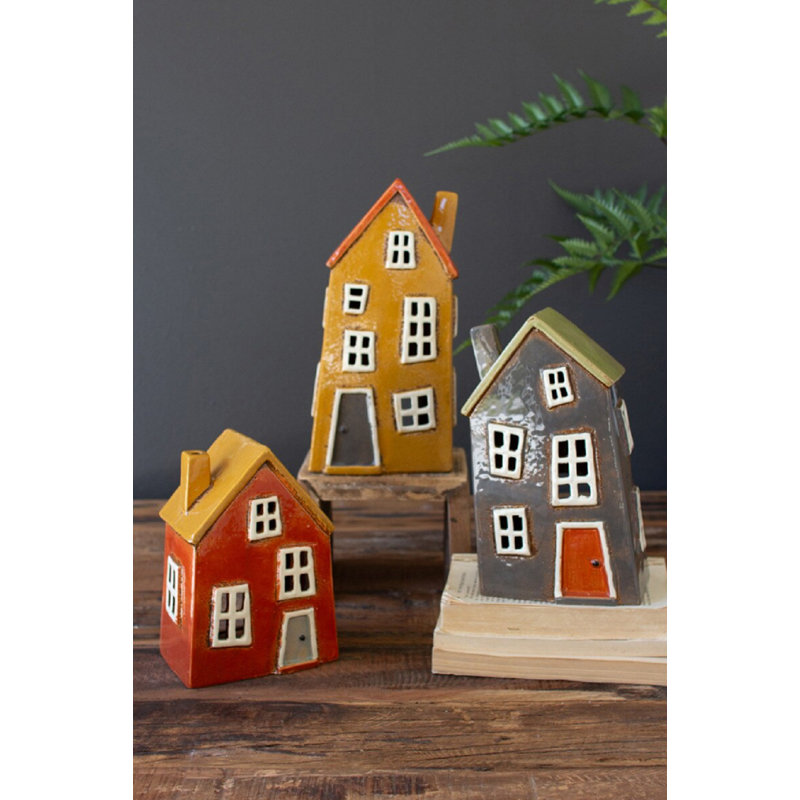  Ensemble de 3 figurines de maison en céramique H 10 "