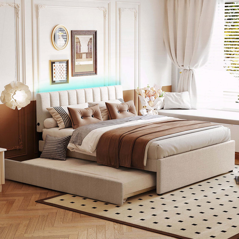 Grand lit plateforme tapissier en molleton avec lit gigogne simple TG et lumières DEL