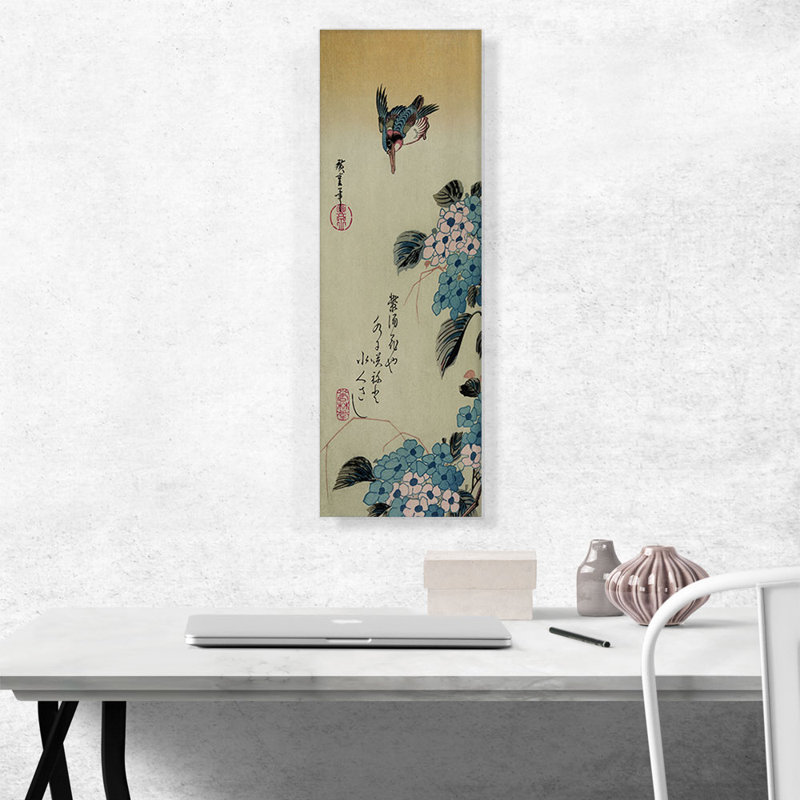 Hydrangée et martin-pêcheur par Utagawa Hiroshige - reproduction d'art sur toile tendue, H 36 po x l 12 po x P 0,75 po
