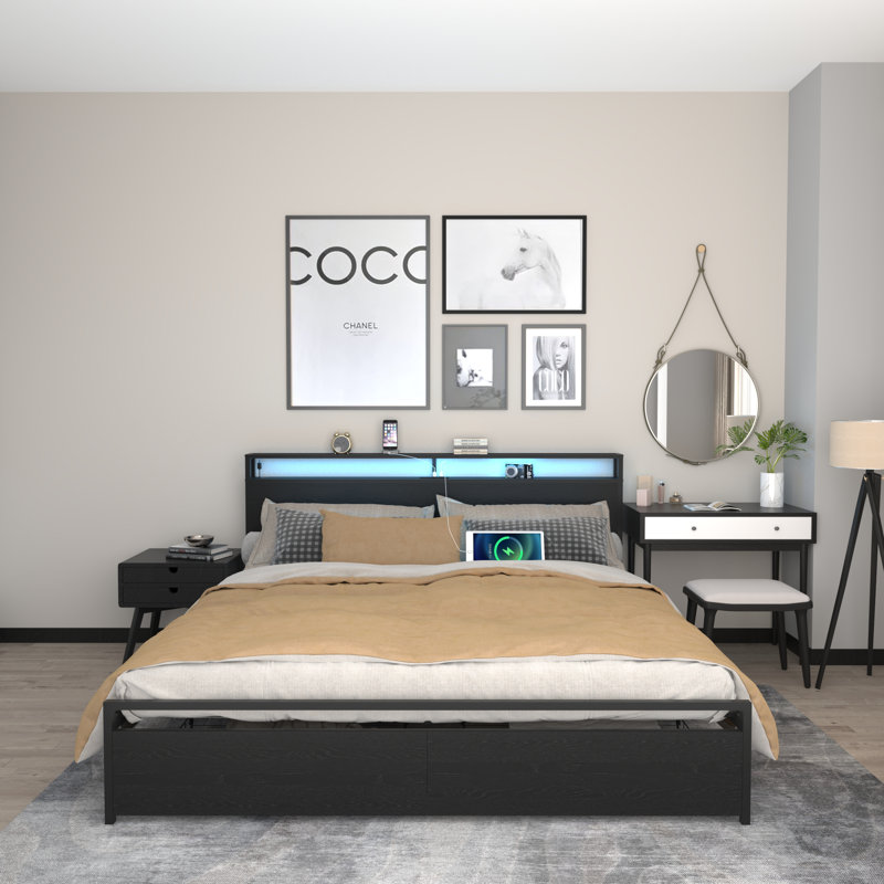 Bed Frame,Storage Headboard with Charging Station,No Box Spring Needed, Black/Brown, King