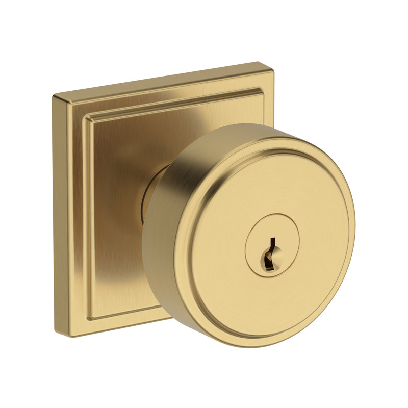 Vashon Keyed Entry Knob with Stepped Square Rose in Lifetime (PVD) Satin Brass, Satin Brass