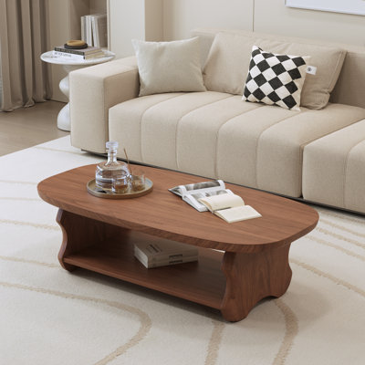 Table basse rétro en noyer irrégulier avec rangement à 2 niveaux