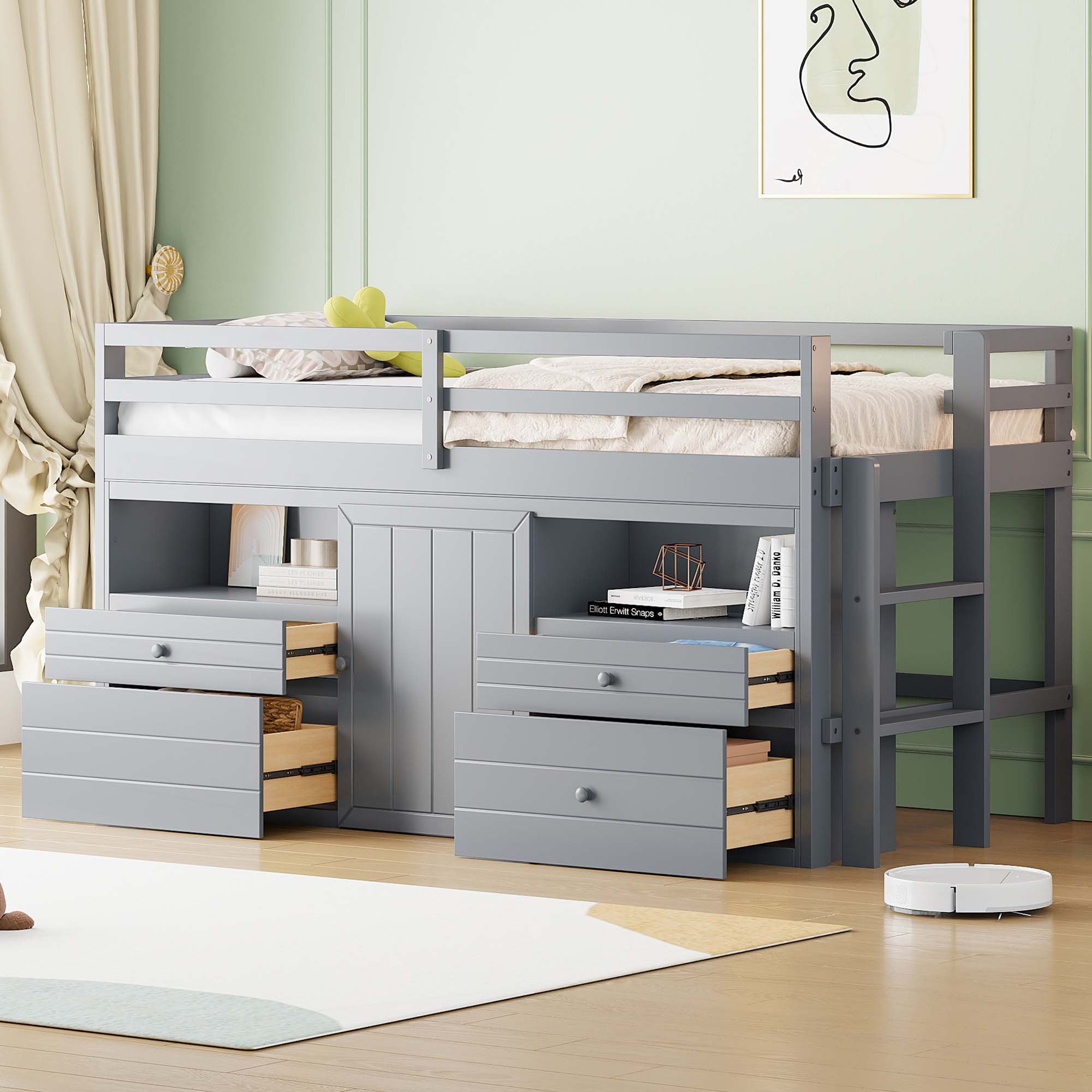Ebern Designs Twin Size Loft Bed With 4 Drawers, Underneath Cabinet And ...