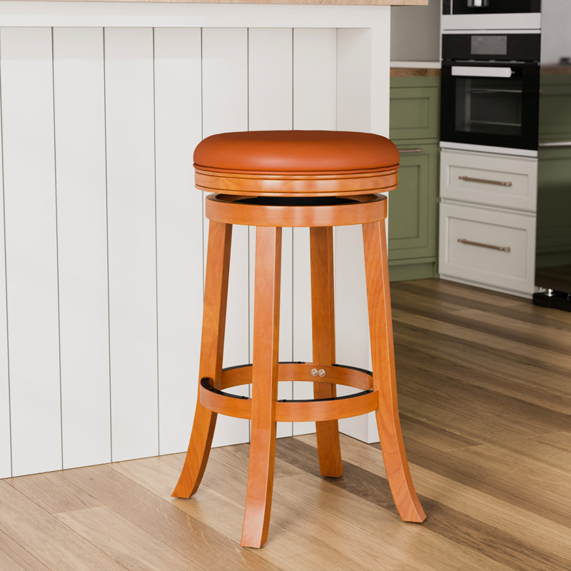 30" Natural Saddle Leather Bar Stool, Swivel Functionality, Comfortable Seating, Hardwood Construction, 360-degree Rotation, Flared Legs For Balance And Support Feature, Seat Padding, Frame, Stability