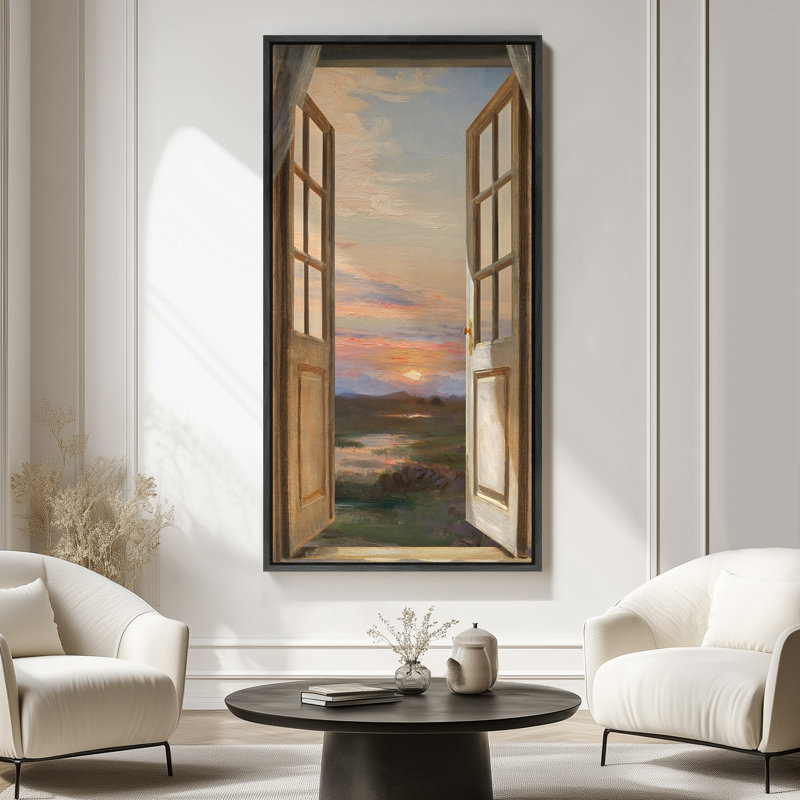 «Open Window to Sunset Scenic View», reproduction d'art sur toile encadrée, H 60 po x l 30 po x P 1,5 po, Noir