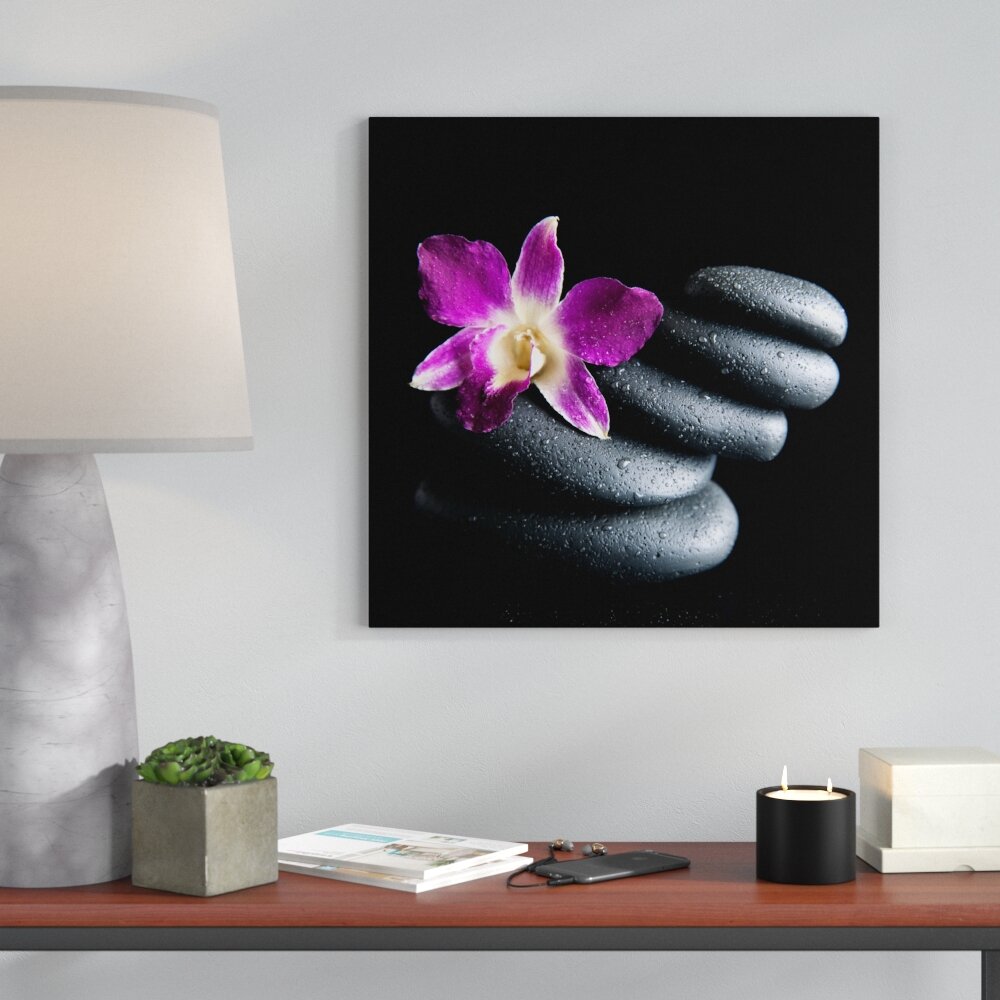 Glasbild Purple Orchid & Black Stones, Fotodruck