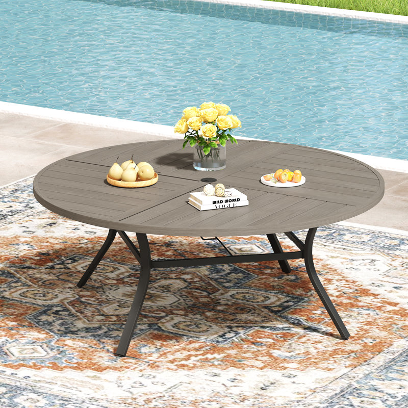 60" Round Metal Patio Dining Table, Brush Wood Gray