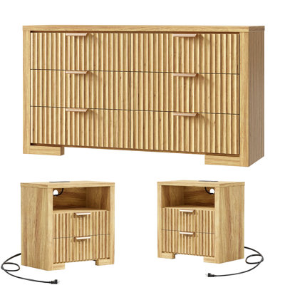 2-Drawer Nightstand Set and 6-Drawer Dresser, 3 Piece Bedroom Furniture Set