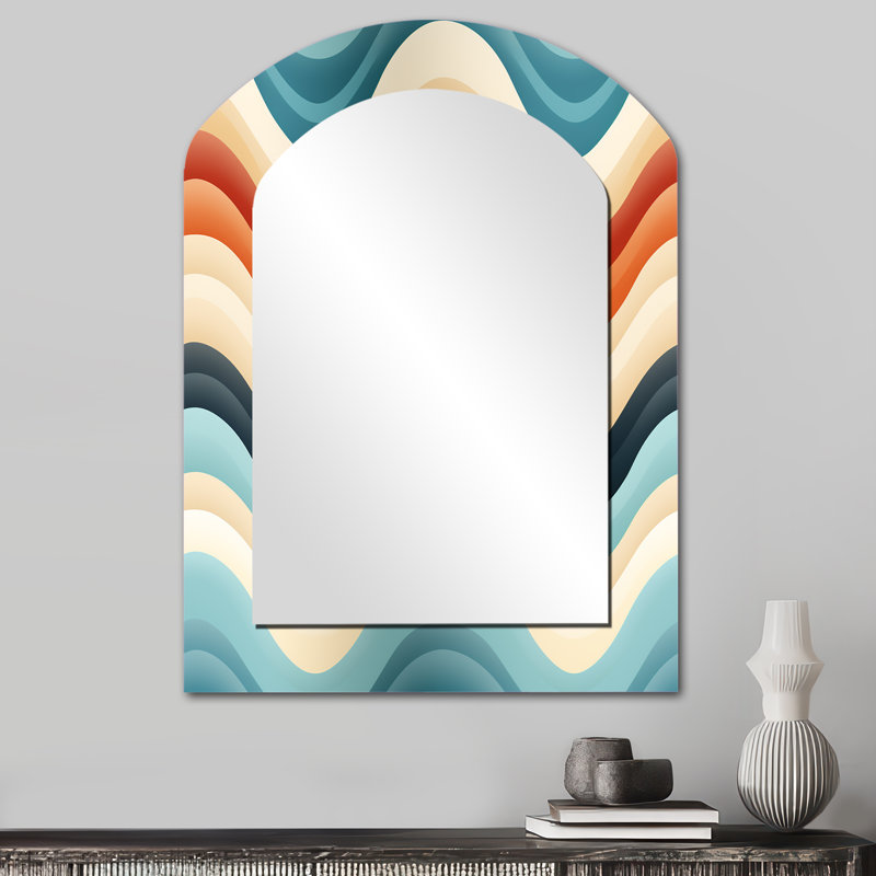 Chevron beige et bleu côtier sérénité - décor de miroir mural arche chevron unique, grand miroir asymétrique beige, impression d'art en métal