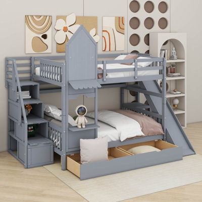 Full-Over-Full Castle Style Bunk Bed With 2 Drawers 3 Shelves And Slide -  Harper Orchard, 715333D26E044857BDF16B9C745F2123