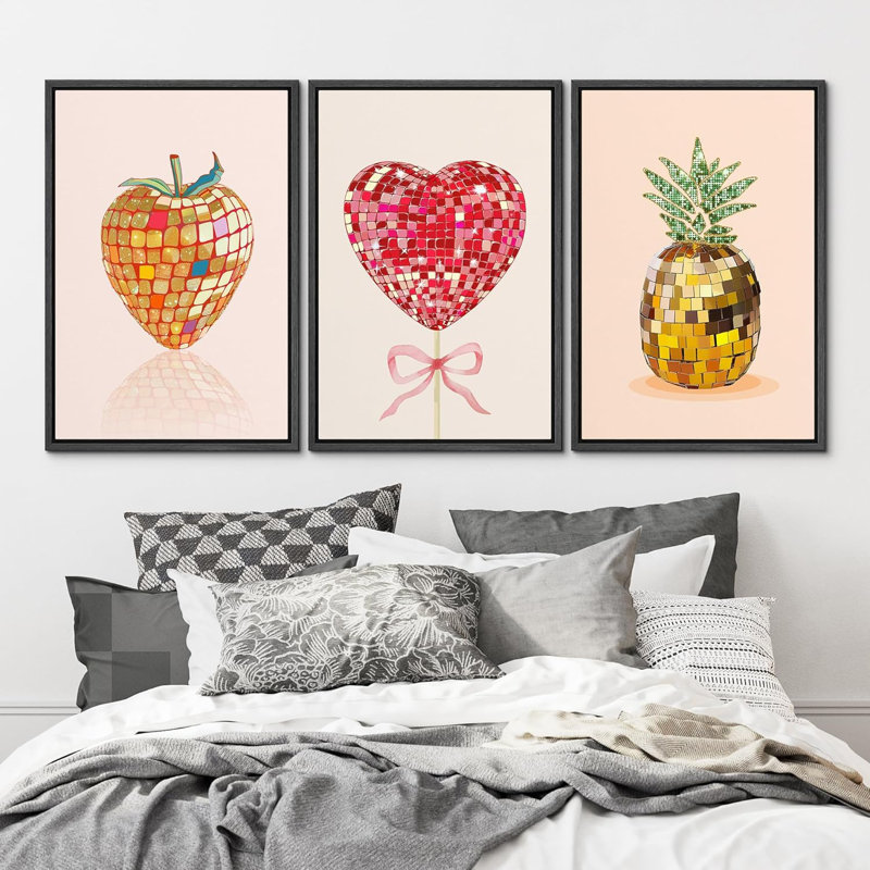 «Vivid Disco Fruits Vibrant Strawberry Heart Pineapple Modern», ensemble de 3 reproductions d'art sur toile encadrées, Noir