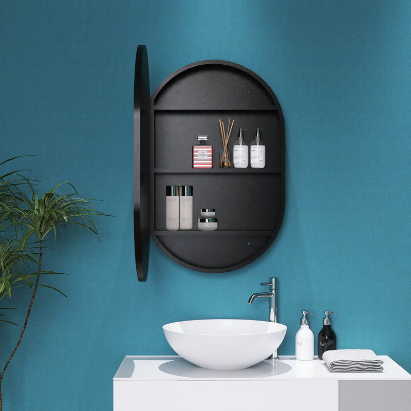 31 po x 21 po Armoire à pharmacie ovale murale noire avec miroir et trois tablettes
