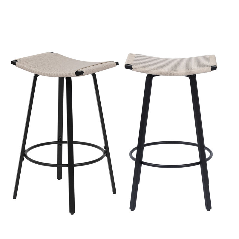 Counter Height Bar Stools Backless Handwoven Kitchen Dining Chairs With Round Footrest Set Of 2 PVC Weaving Pub Stool For Indoor & Outdoor (Black & Creamy White)