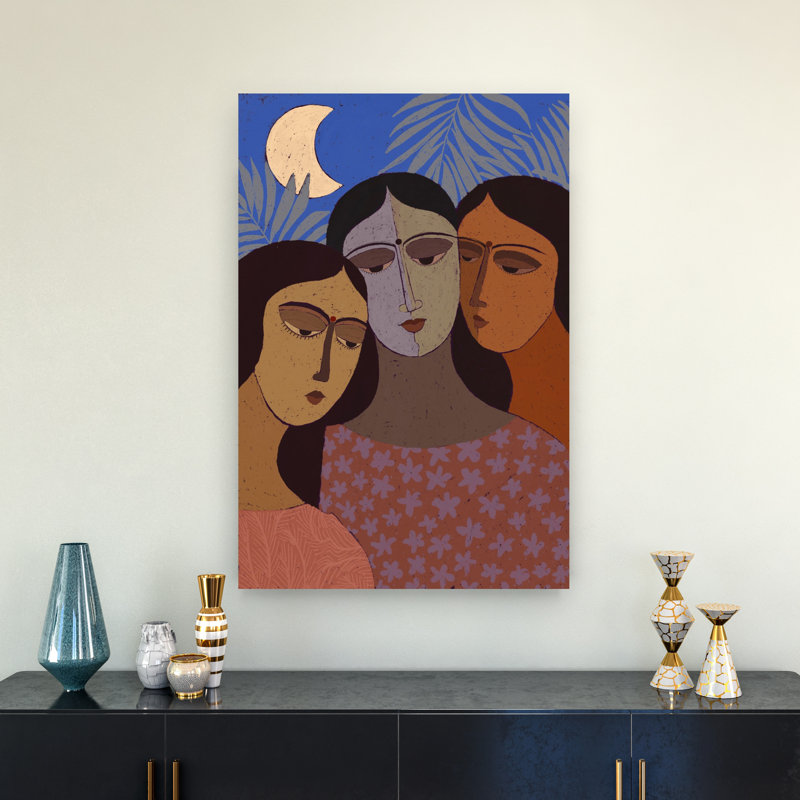 Three Women Under Moon Dreamy Peaceful Serene Palm Nature Portrait Wall Art Print 1 Piece Wrapped Canvas Wall Art