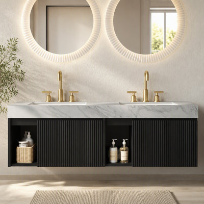 60" Bathroom Vanity&Sink, Floating Storage Cabinet, Carrara Grey Vein Sintered Stone Top&2 Ceramic Basins With 3 Pre-Drilled Faucet Holes,Disassembled, No Faucet And Drain Set, Black Color