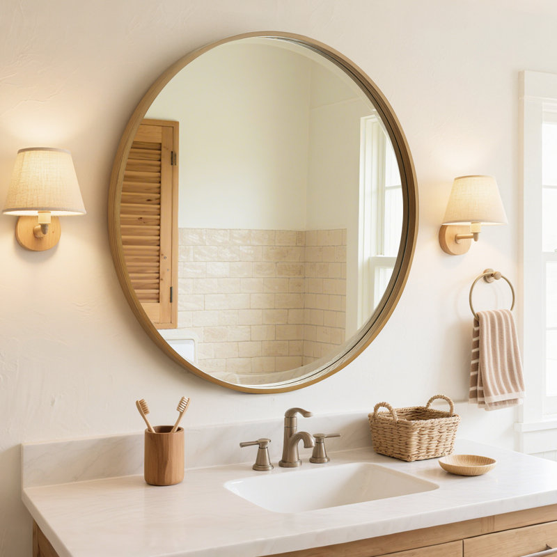 Karrina Accent Wood Round Mirror, Nature, 32" x 32"