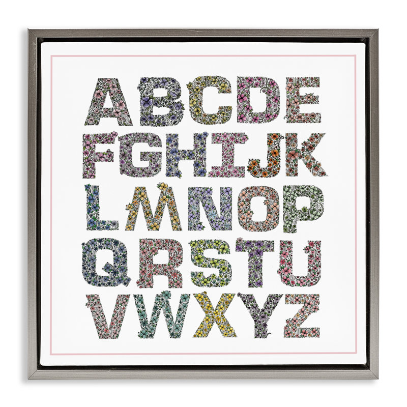 Cadre flottant détaillé avec alphabet floral, design par Jennifer Stith, H 25 po x l 25 po, Cadre flottant gris lustré