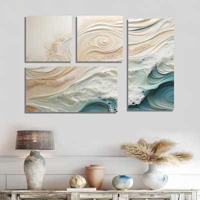Moderne bleu et beige sable vue aérienne IV - plage côtière plage sable impressions sur toile 4 pièces