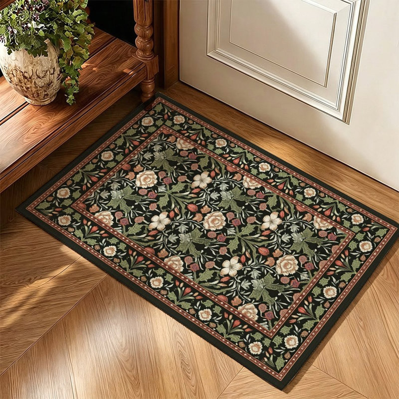 Petit tapis vintage à motif floral, bordure rouge foncé, 120 x 80 cm