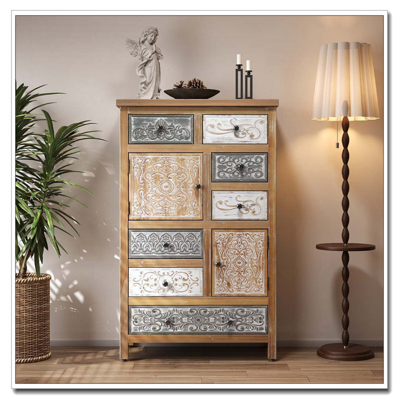Commode décorative avec 6 tiroirs et 2 portes, coffre de rangement sculpté multicolore rustique