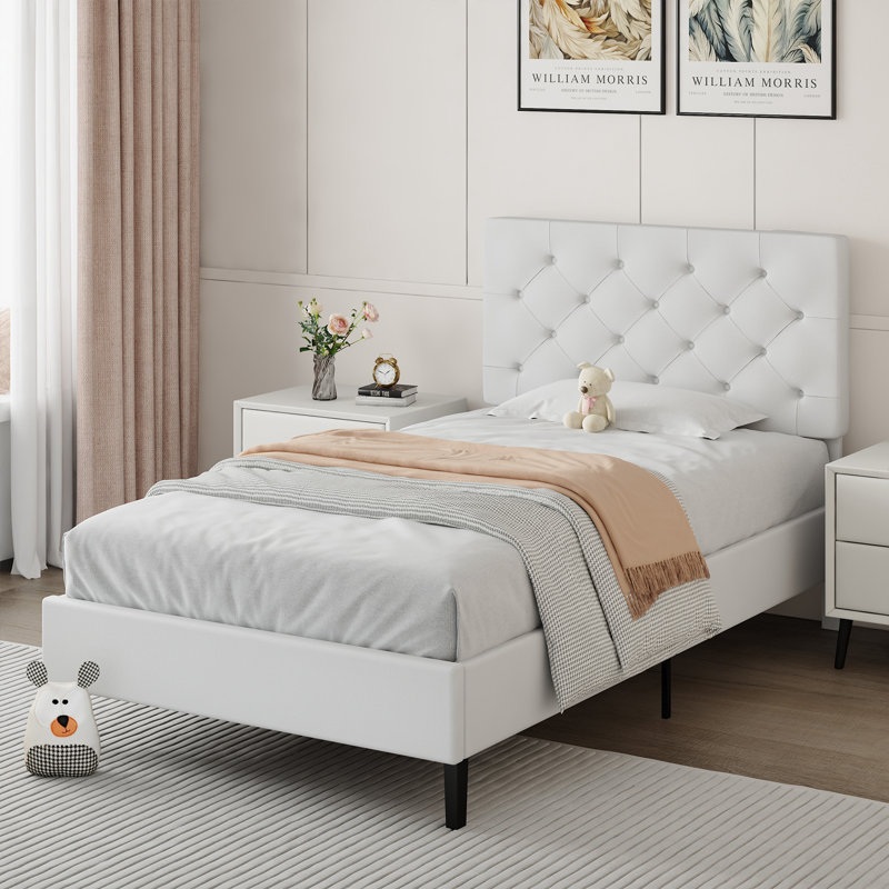 Bed Frame with Headboard, Upholstered Platform Bed with Button Tufted Desigh, Twin, White