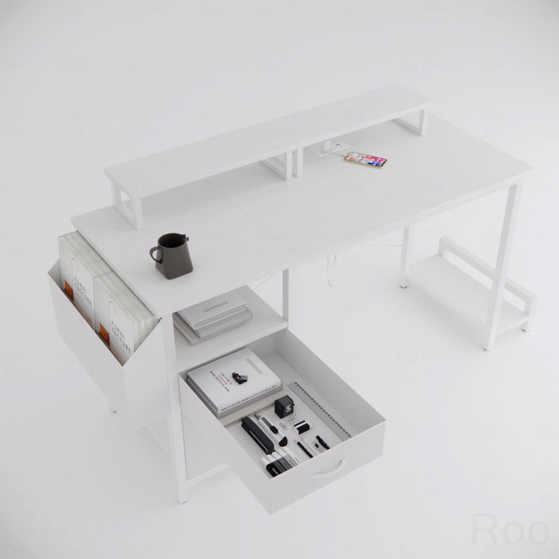 47.3"Office Desk With Power Outlet,2 Monitor Stands,2-Drawer,Side Pocket,Easy To Assemble,Frame Stability Reversible,Use For Home Desk