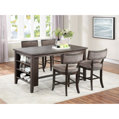 Hokku Designs 5pc Counter Height Dining - Rustic Table With Side Shelf And 4 Chairs Shelves Fashionable Back