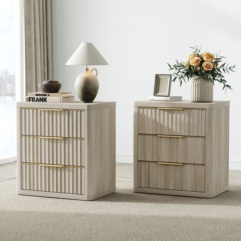 Cesiro 3-Drawer Nightstand with Metal Glides, Set of 2, Gray White Oak