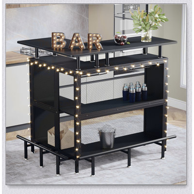 36” x 48” L-Shaped Home Bar Unit with Footrest – Modern Corner Liquor Cabinet with 2-Tier Shelves & Glass Racks, Industrial Mini Bar Table for Home, Kitchen, or Pub