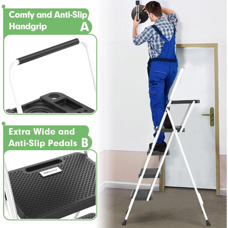 Échelle à 4 marches, escabeau pliant avec plateforme à outils, large pédale antidérapante, échelle en acier robuste, poignée pratique, escabeau en acier portable léger de 330 lb