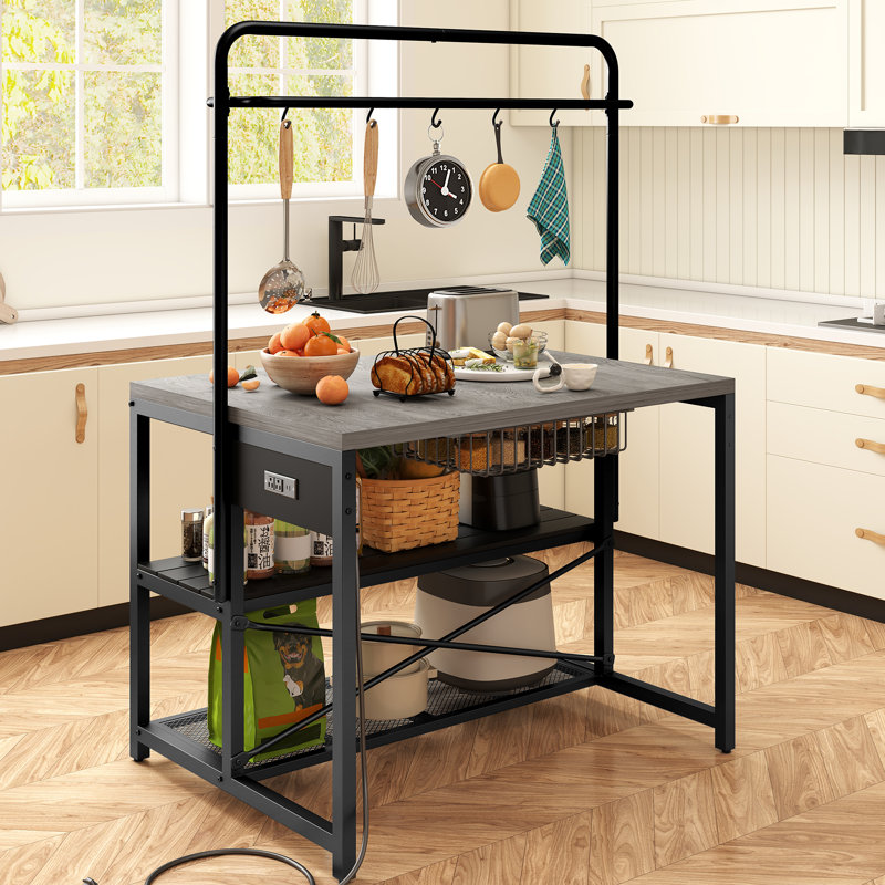 46''W Kitchen Island With Storage & USB Charging Station, Bakers Rack With 5 Racks, Gray