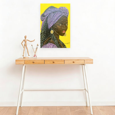 Purple Turban Beauty Elegant Modern Abstract Portrait Wall Art Print 1 Piece Wrapped Canvas Wall Art