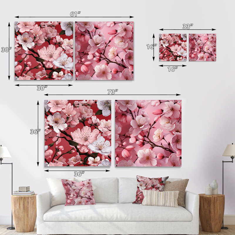 Rose Sakura Blossoms Floral - Japon, ensemble d'art mural acrylique sur verre, ensemble de 2, H 36 po x l 73 po