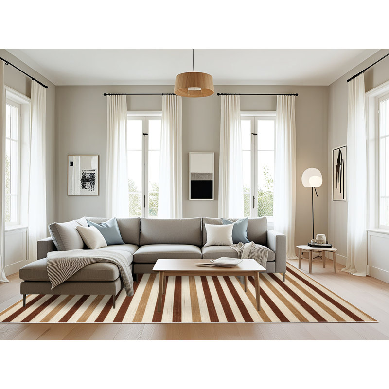 Tapis beige à rayures horizontales lavable à la machine, Rectangle 8 pi x 12 pi