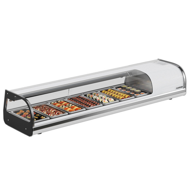 Vitrine de comptoir à sushi, unité de refroidissement incurvée en verre 35,6-46,4 ° F avec casseroles en acier inoxydable