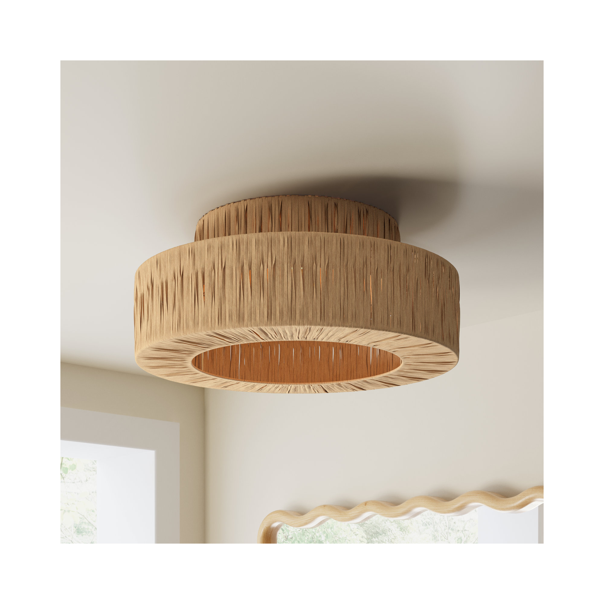 Abbie 1 - Light Raffia Dimmable Drum Flush Mount, Wood, 8.3'' H x 17.7'' W x 17.7'' D